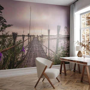 Photo Wallpaper Premium Sand - Peace and Quiet of Asia - Landscape, River, Bamboo - 250x175 cm