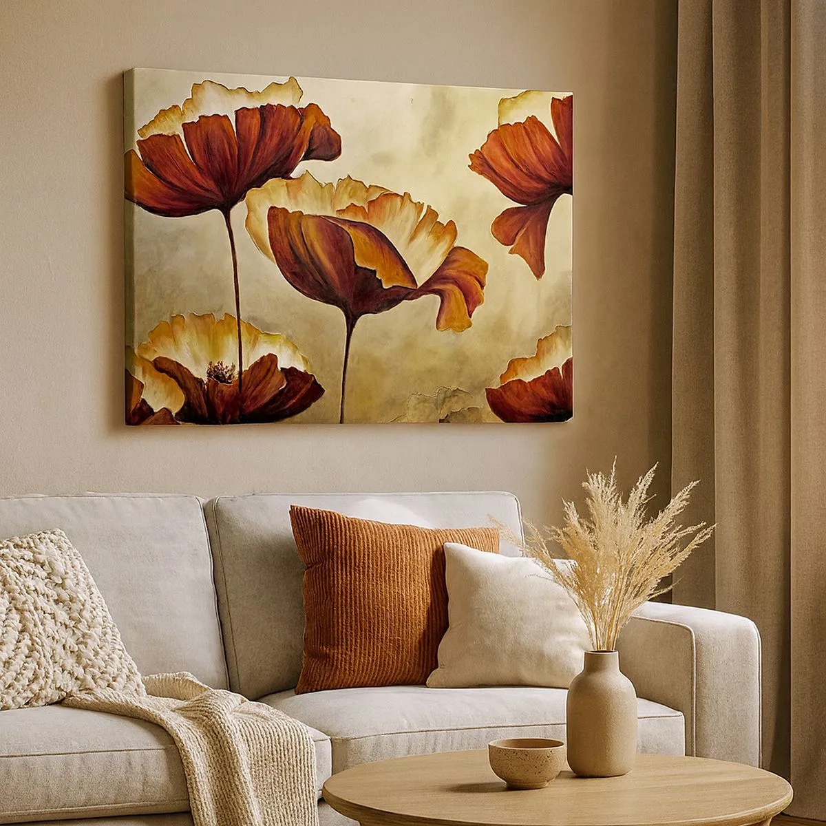 Canvas picture - Subtle flowers in shades of red and gold on a light background - 70x50cm - Piece of Meadow - Modern wall decoration for the living room and bedroom ARTTOR