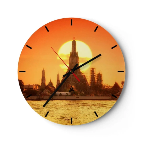 Wall clock - Clock on glass - The temple in the light of the setting sun over the water - 30x30cm - Towards the Sun - Modern wall decoration for the living room, kitchen, and bedroom ARTTOR