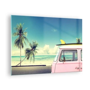 Glass picture - A beach with palm trees and a pink retro van by the sea - 70x50cm - Holiday Time - Modern wall decoration for the living room and bedroom ARTTOR
