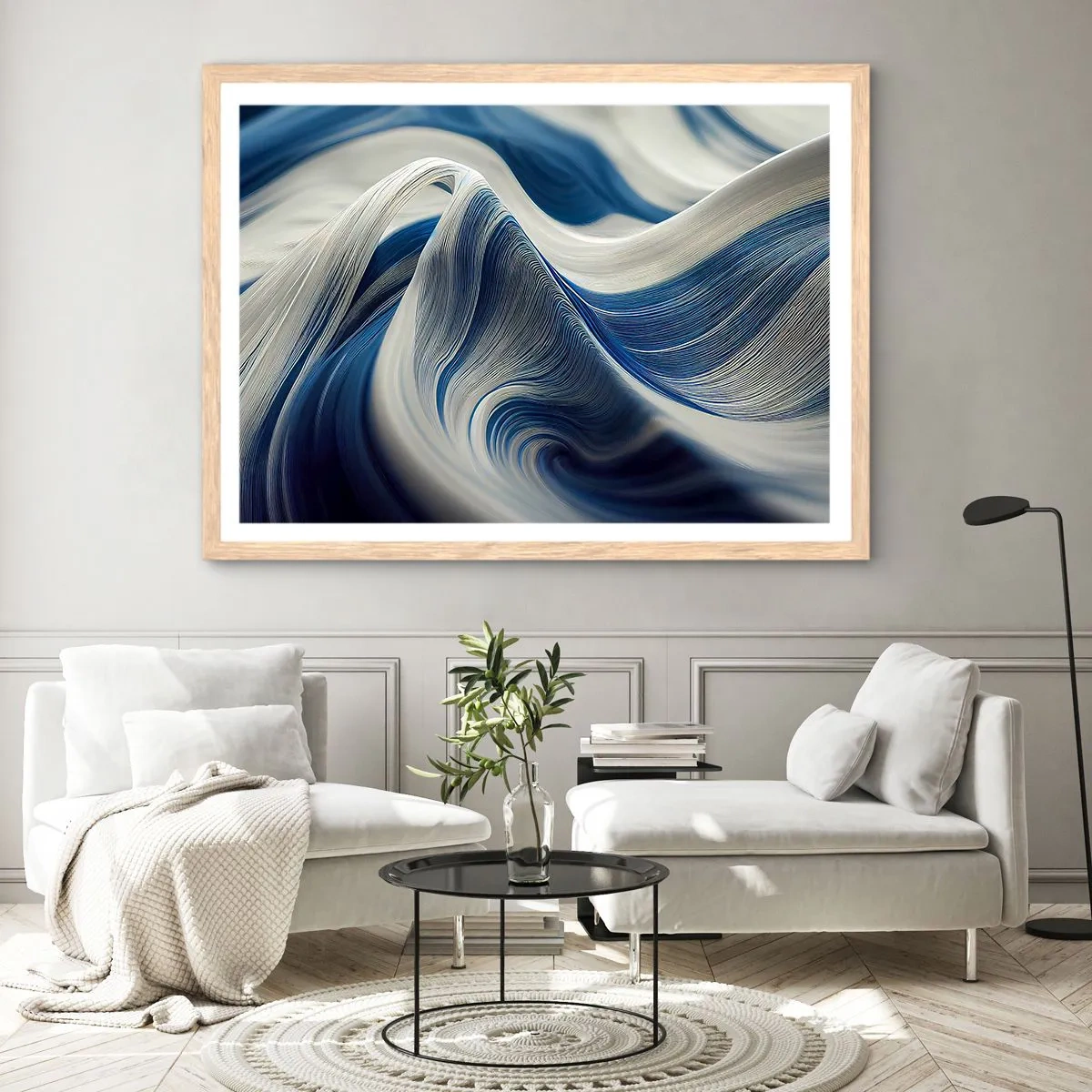 Poster in light oak frame - Fluidity of Blue and White - 50x40 cm