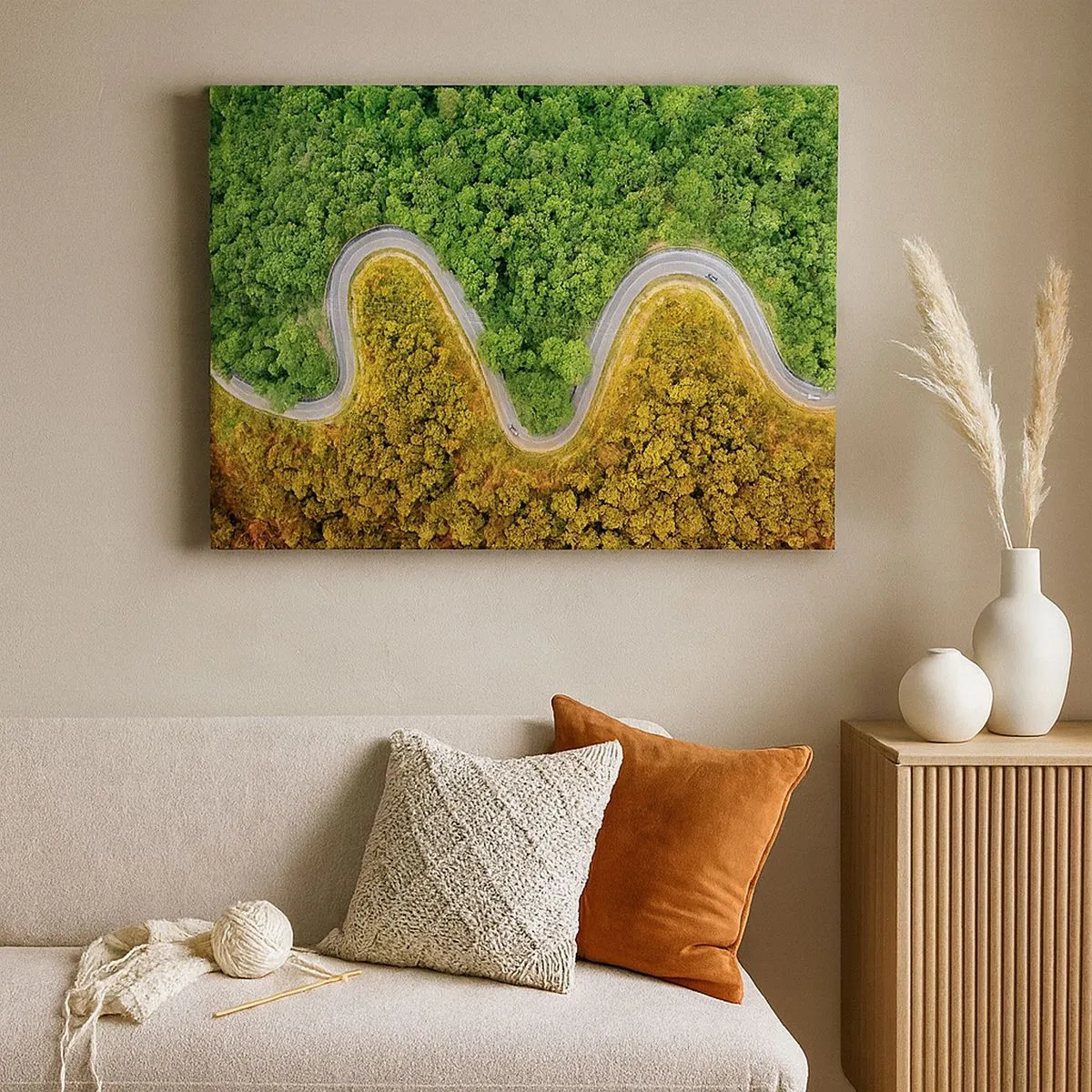 Canvas picture - A winding road through the forest seen from a bird's eye view - 70x50cm - Borders and Breakthroughs - Modern wall decoration for the living room and bedroom ARTTOR