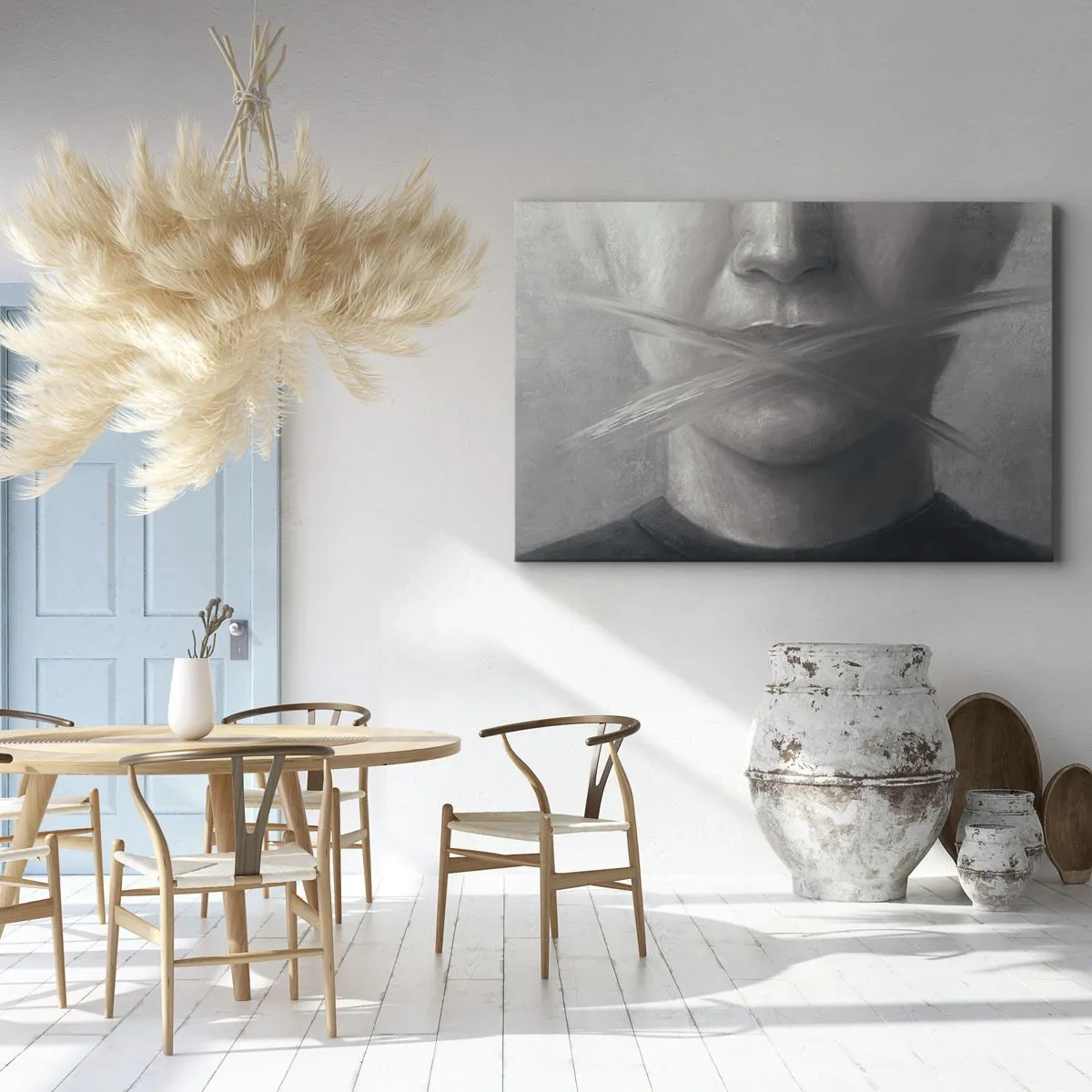 Canvas picture - A symbolic portrait with blurred lips in gray tones. - 70x50cm - Not a Word - Modern wall decoration for the living room and bedroom ARTTOR