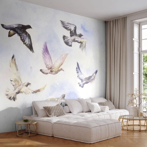 Custom Self-Adhesive Wallpaper Deluxe Sticker - Freedom in Grey and Blue - Birds, Graphics, Piece