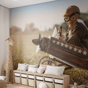 Photo Wallpaper Standard Eco - Child in pilot costume in wooden plane in field - 100x70cm - Take off for a Dream - Modern wall decoration for the living room and bedroom ARTTOR