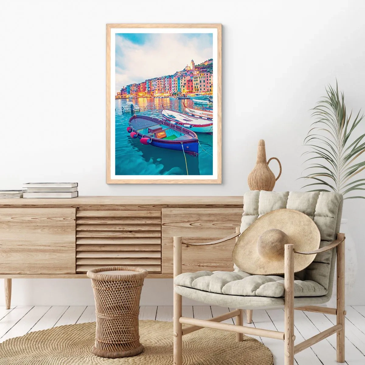 Poster in light oak frame - Colourful Evening in a Port - 61x91 cm
