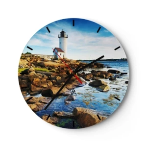Wall clock - Clock on glass - A lighthouse on a rocky coast on a sunny day - 30x30cm - Be Home Safe, I Am Waiting - Modern wall decoration for the living room, kitchen, and bedroom ARTTOR