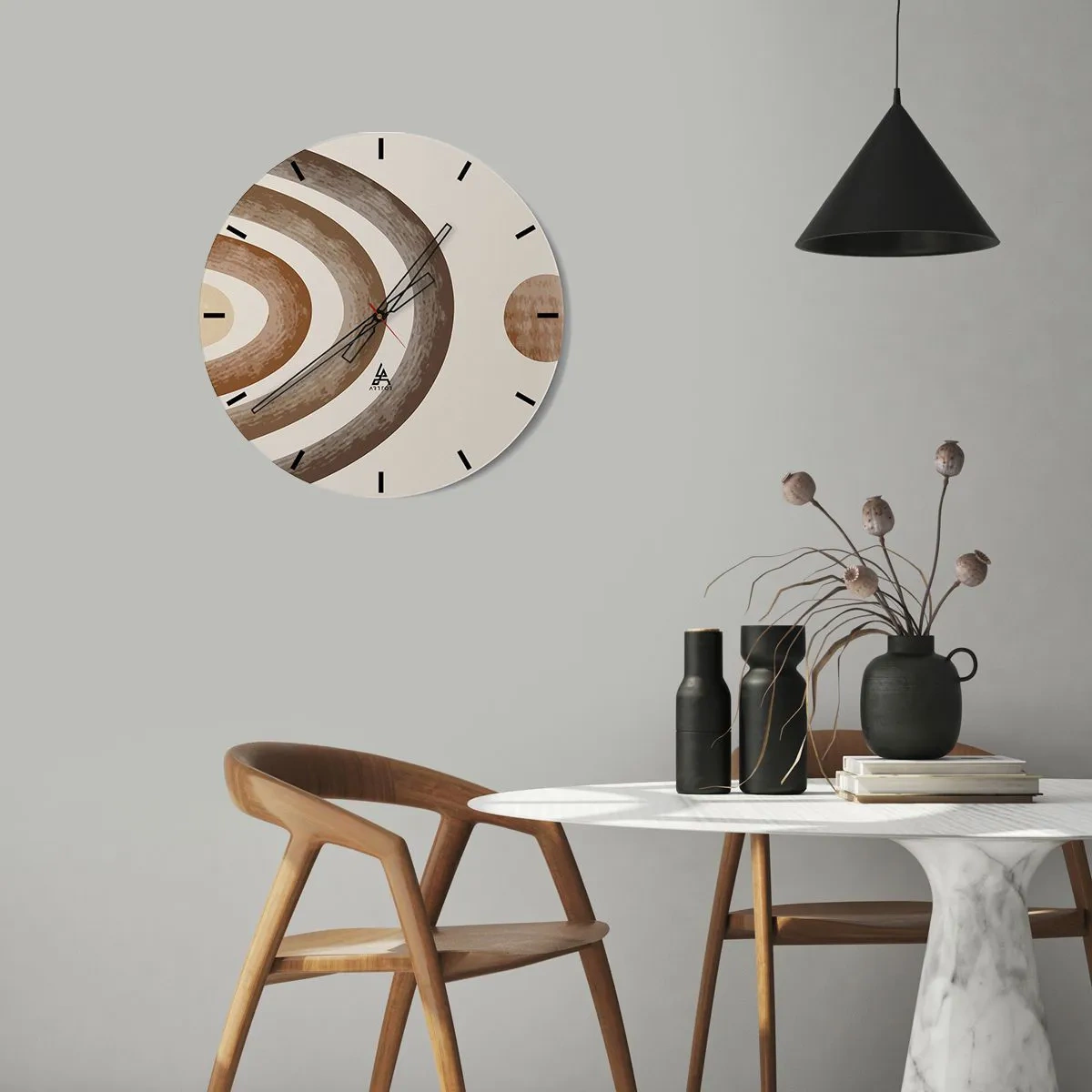 Wall clock - Clock on glass - Abstract patterns in shades of brown and beige on a cream background - 30x30cm - In a Distant Galaxy - Modern wall decoration for the living room, kitchen, and bedroom ARTTOR