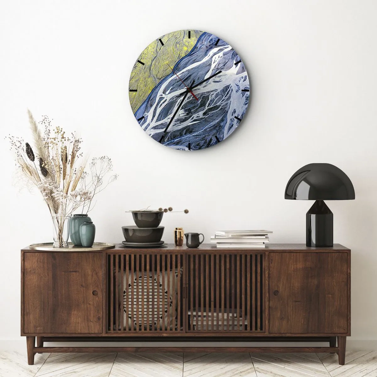 Wall clock - Clock on glass - Abstract aerial photography of rivers and sediments - 30x30cm - Cave Paintings of Nature - Modern wall decoration for the living room, kitchen, and bedroom ARTTOR