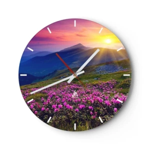 Wall clock - Clock on glass - Mountain landscape at sunset with blooming flowers - 30x30cm - Surrounded by Mountain Pine and Herbs - Modern wall decoration for the living room, kitchen, and bedroom ARTTOR