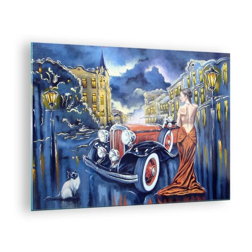 Glass picture - A woman in an elegant dress next to a classic car - 70x50cm - Nocturne in Blue and Coral - Modern wall decoration for the living room and bedroom ARTTOR
