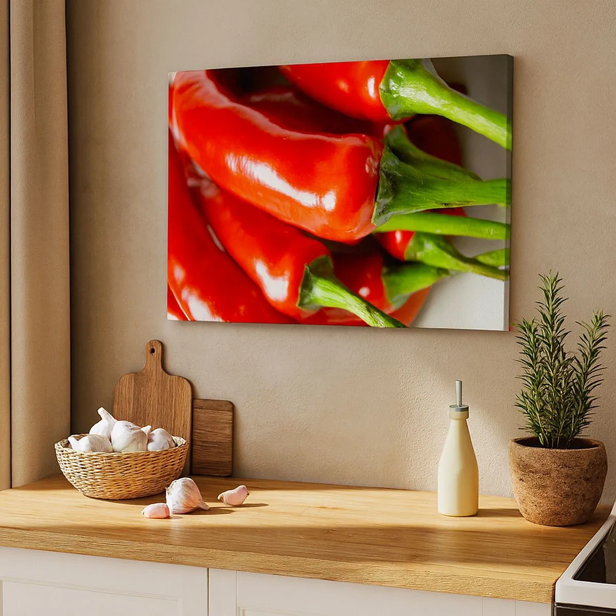 Canvas picture - Close-up of red chili peppers with green stems - 70x50cm - Juicy, Shiny, Smooth - Modern wall decoration for the living room and bedroom ARTTOR