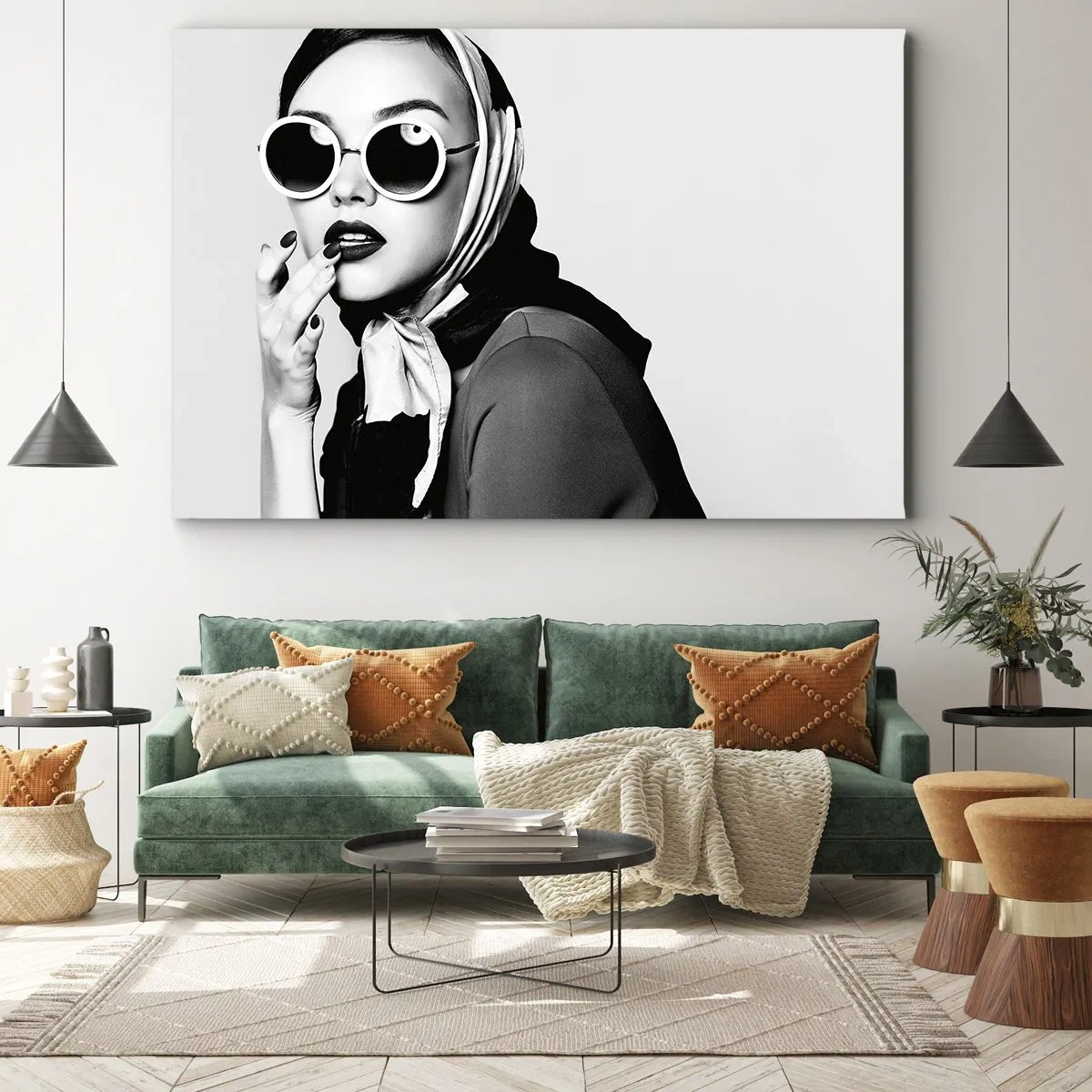 Canvas picture - Black and white portrait of a woman wearing glasses and a headscarf - 70x50cm - Greetings from the 60-ies - Modern wall decoration for the living room and bedroom ARTTOR