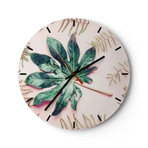Wall clock - Clock on glass - Study in Green on Pink Background - 40x40 cm