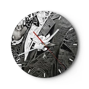Wall clock - Clock on glass - Black and white abstraction with complex geometric patterns - 30x30cm - Elegant in Grey - Modern wall decoration for the living room, kitchen, and bedroom ARTTOR