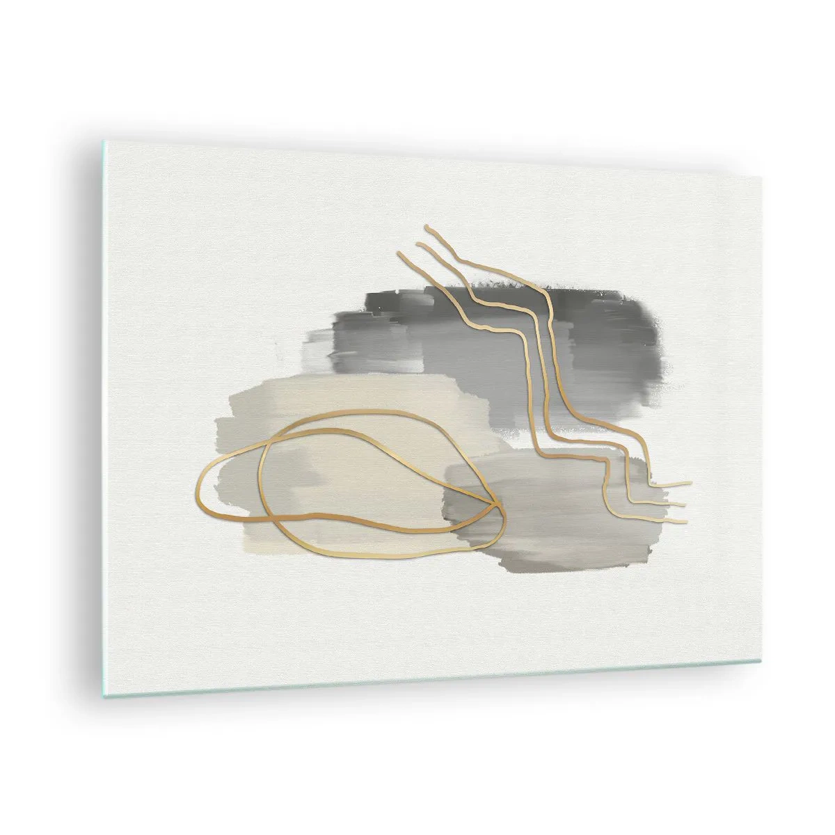 Glass picture - Abstraction with gray spots and gold lines on a light background - 70x50cm - Persistance and Movement - Modern wall decoration for the living room and bedroom ARTTOR