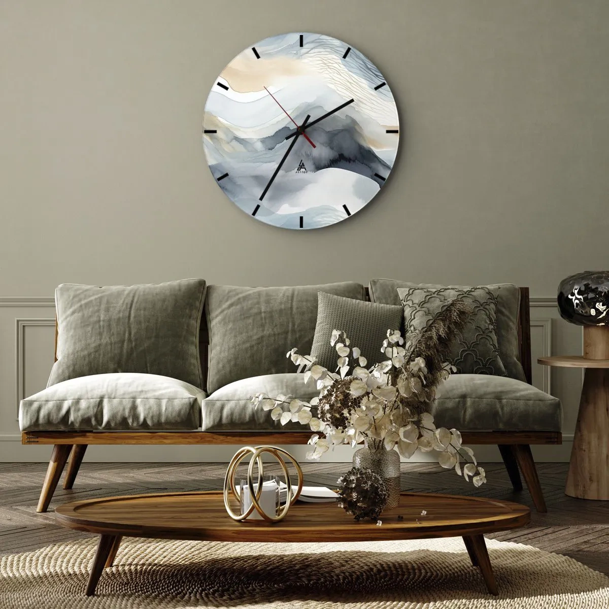 Wall clock - Clock on glass - Abstract landscape in shades of blue and beige - 30x30cm - Snowy and Foggy Abstract - Modern wall decoration for the living room, kitchen, and bedroom ARTTOR
