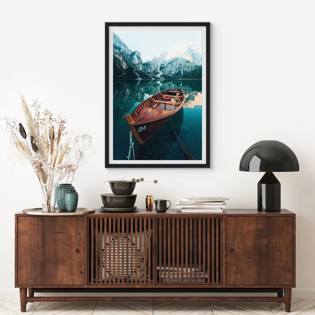 Poster in black frame - wooden boat on a calm lake surrounded by mountains - 50x70cm - Like Painted on Glass - Modern wall decoration for the living room and bedroom ARTTOR