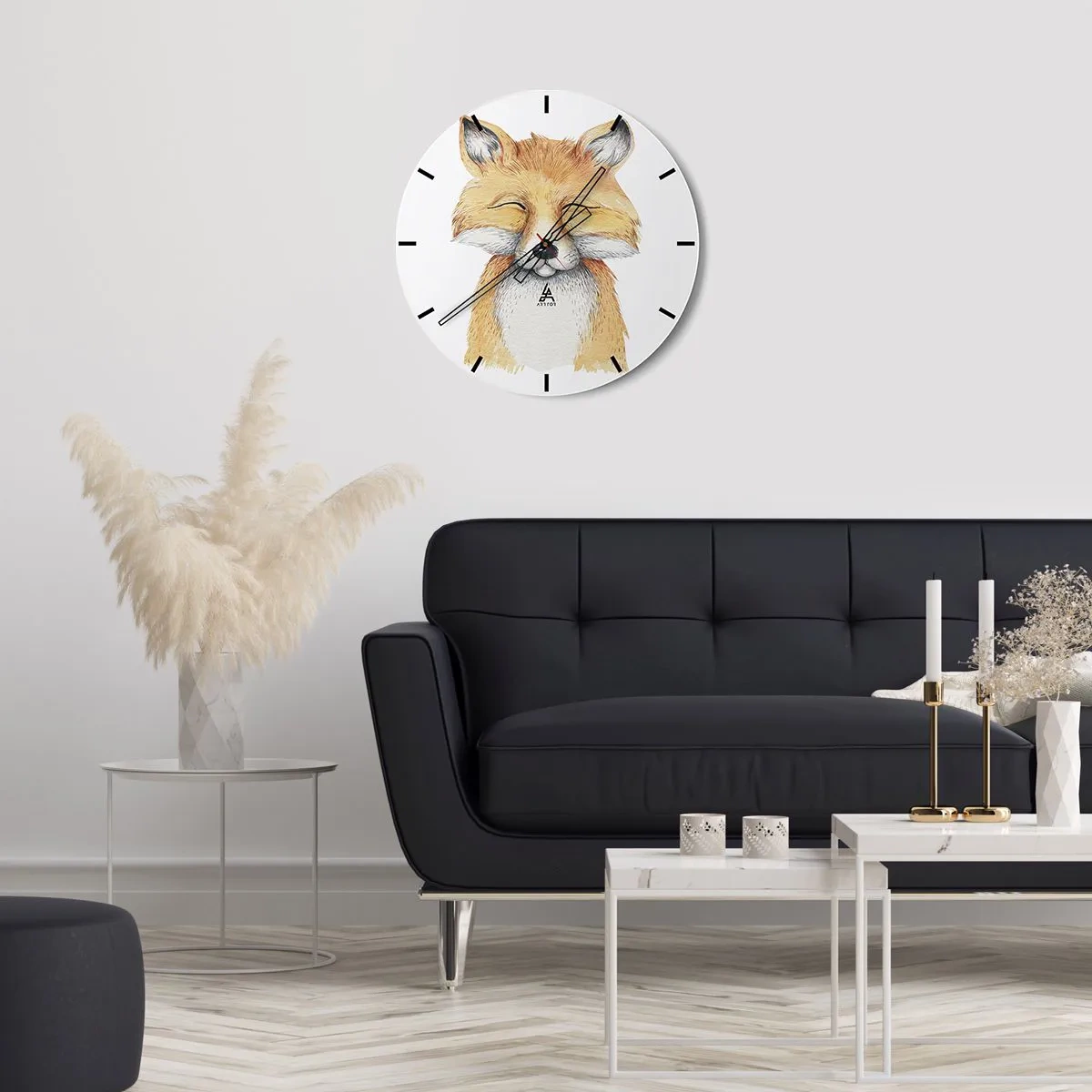 Wall clock - Clock on glass - A drawing of a smiling fox on a white background - 30x30cm - Fox Moods - Modern wall decoration for the living room, kitchen, and bedroom ARTTOR