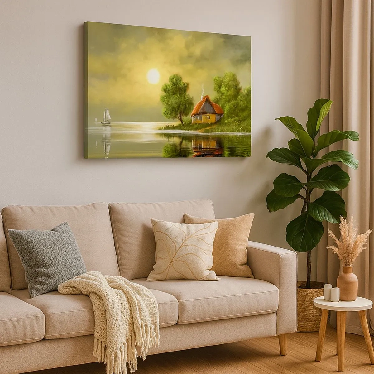Canvas picture - Lake house in the sunset light - 70x50cm - Pretty As a Picture - Modern wall decoration for the living room and bedroom ARTTOR