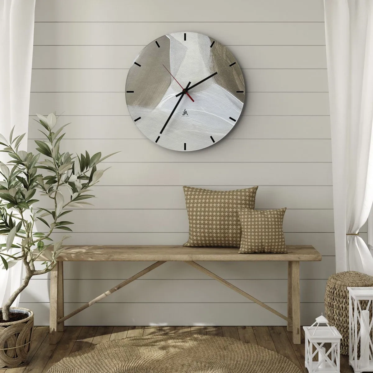 Wall clock - Clock on glass - A bright abstraction with strokes of white and beige on a gray background. - 30x30cm - Waves of White - Modern wall decoration for the living room, kitchen, and bedroom ARTTOR