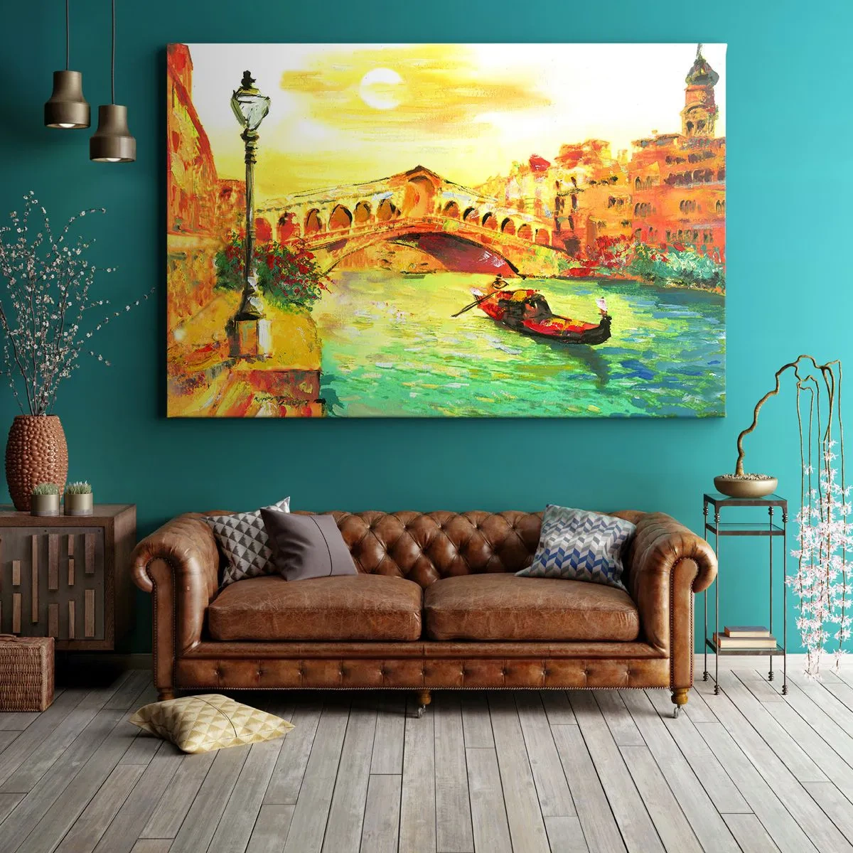 Canvas picture - A picturesque bridge over the canal with a gondola in the light of the setting sun - 70x50cm - Pilgrimage of Lovers - Modern wall decoration for the living room and bedroom ARTTOR