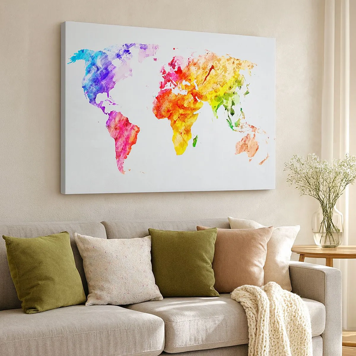 Canvas picture - Colorful watercolor world map - 70x50cm - All Colours of Light - Modern wall decoration for the living room and bedroom ARTTOR