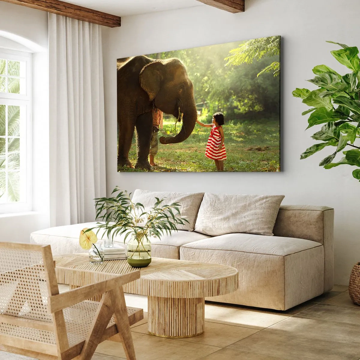 Canvas picture - A girl in a red dress touching an elephant in the forest. - 70x50cm - Power of Friendship - Modern wall decoration for the living room and bedroom ARTTOR