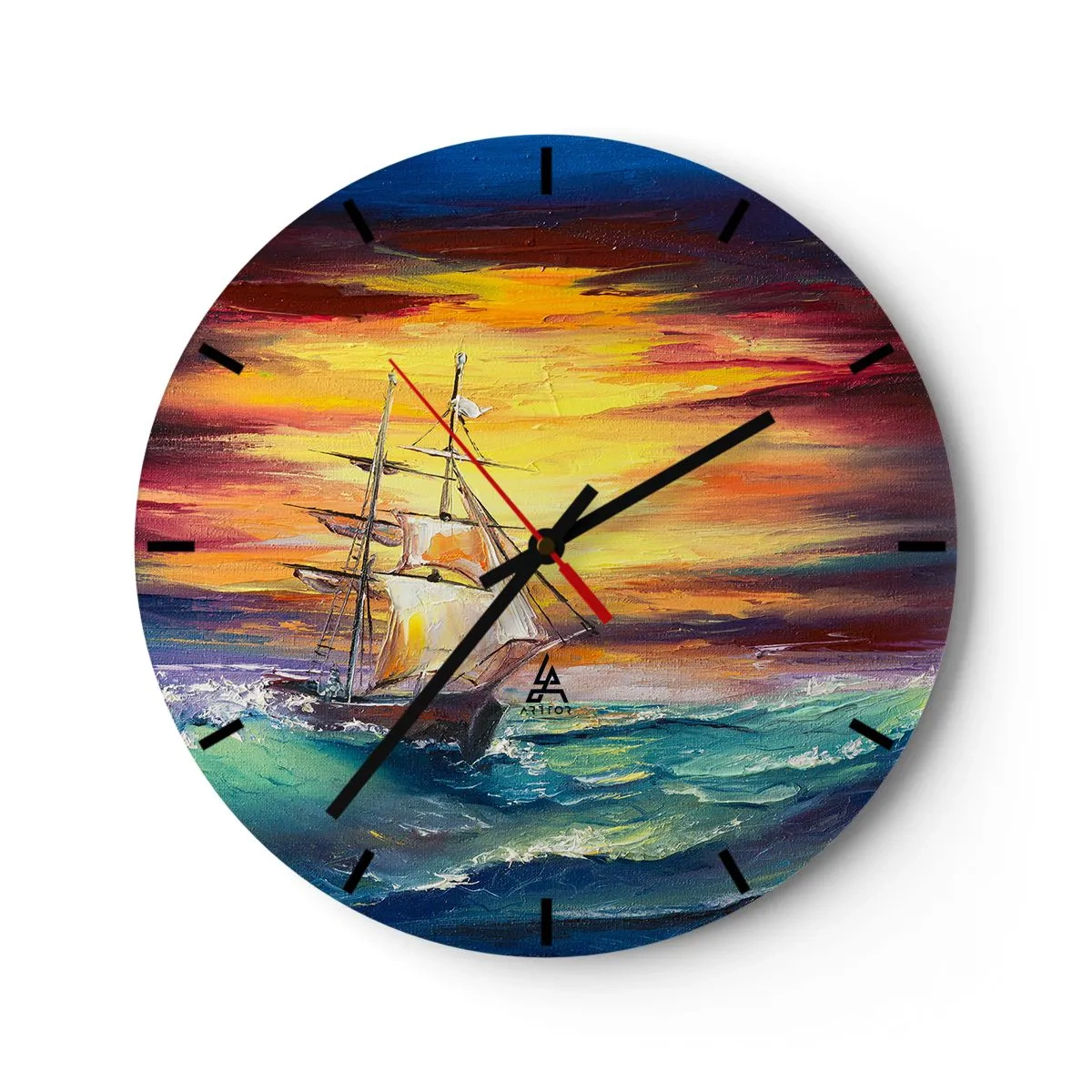 Wall clock - Clock on glass - A sailing ship in a stormy sea at sunset - 30x30cm - Fearlessly towards the Waves  - Modern wall decoration for the living room, kitchen, and bedroom ARTTOR