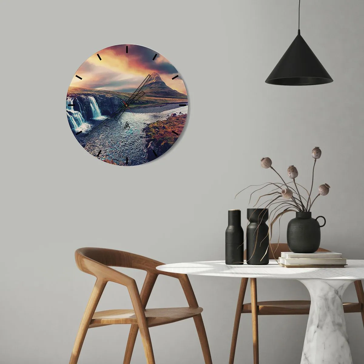 Wall clock - Clock on glass - Mountain landscape with a waterfall at sunset - 30x30cm - In Majesty of Nature - Modern wall decoration for the living room, kitchen, and bedroom ARTTOR