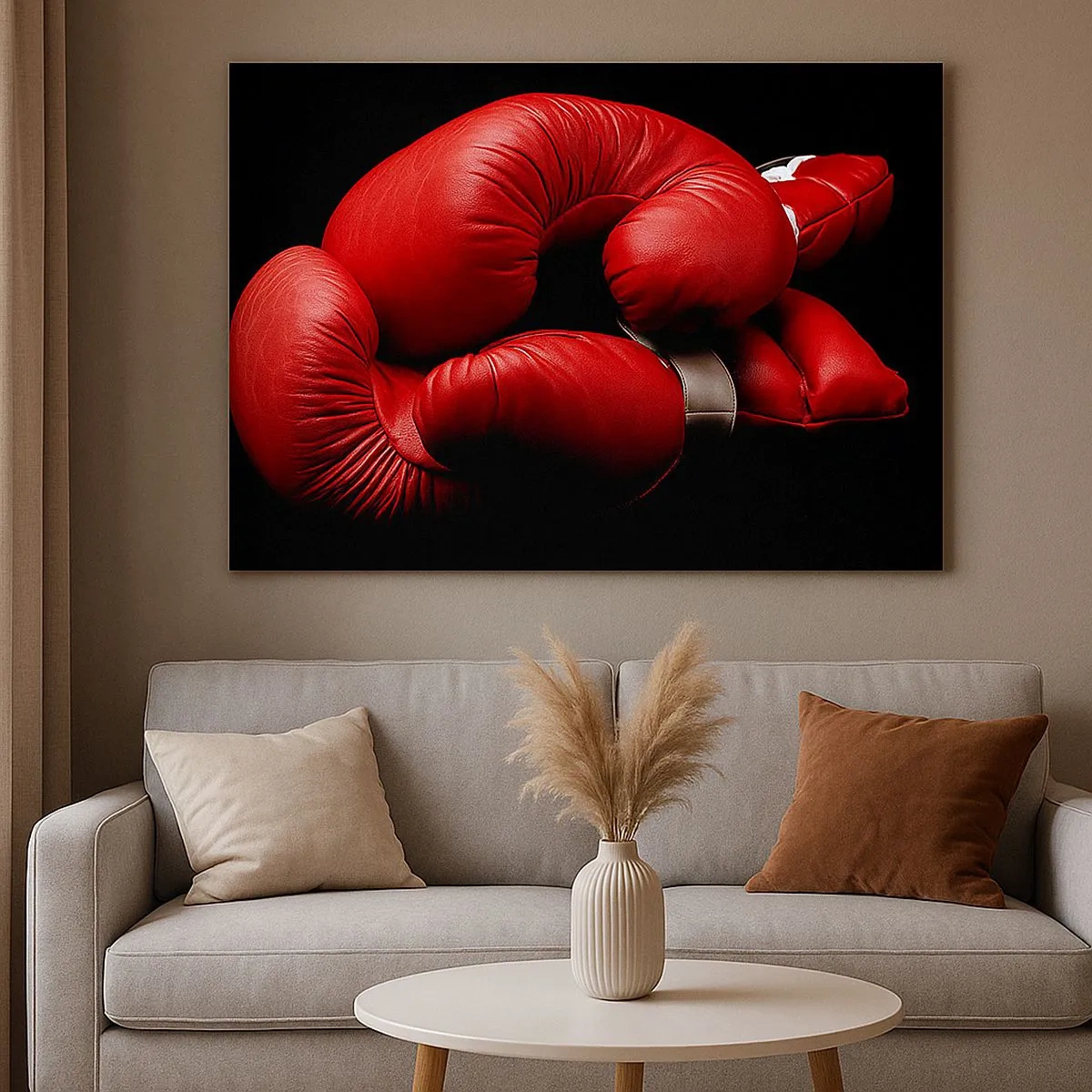 Canvas picture - Red boxing gloves on a black background - 70x50cm - Fight Emotions Are Behind Us - Modern wall decoration for the living room and bedroom ARTTOR
