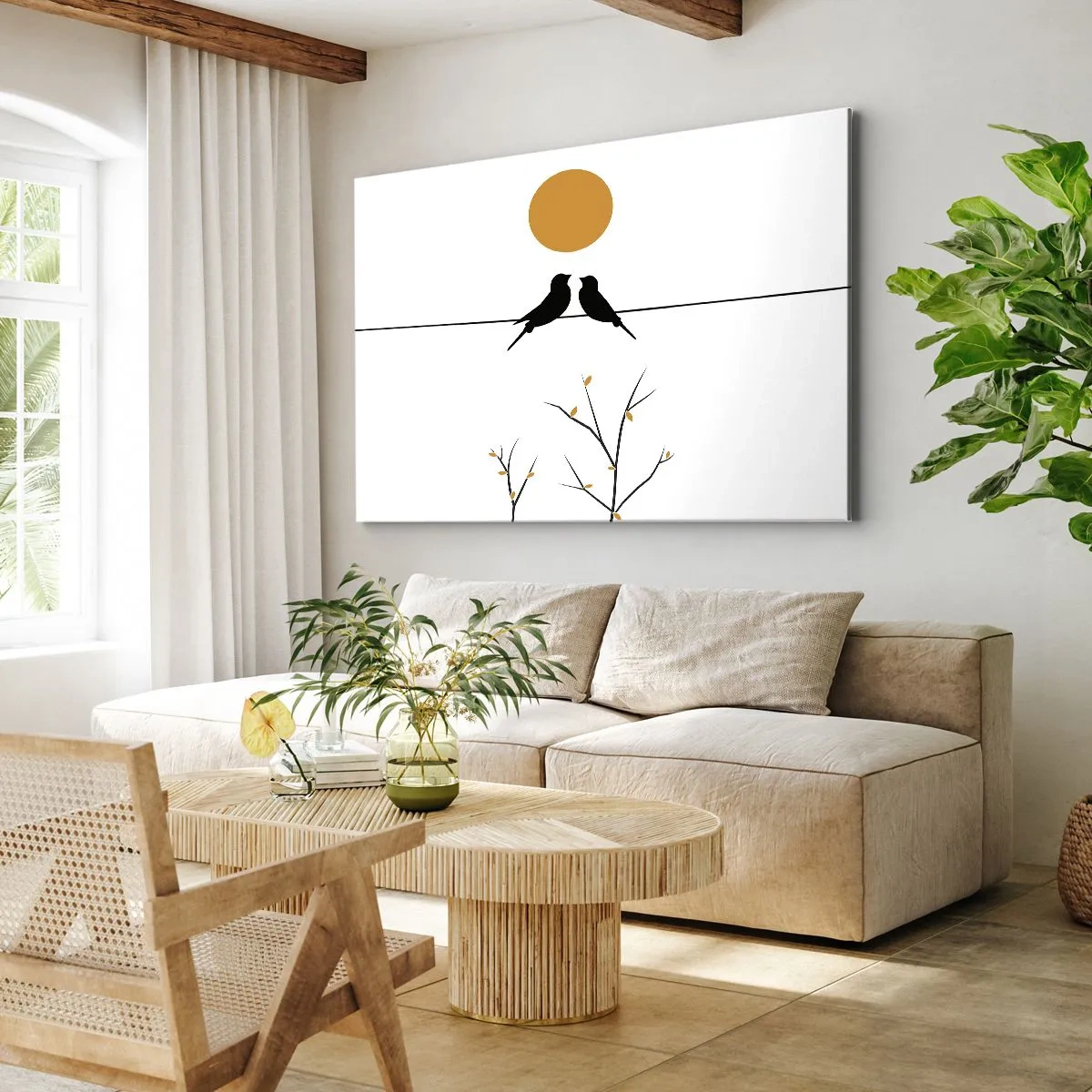 Canvas picture - Birds on a line with a yellow sun - 70x50cm - Nightingale Evening - Modern wall decoration for the living room and bedroom ARTTOR
