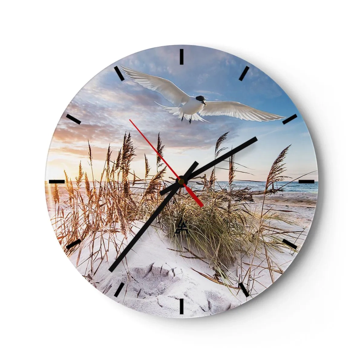 Wall clock - Clock on glass - Beach at sunset with a bird flying over the dunes - 30x30cm - Wind from the Sea - Modern wall decoration for the living room, kitchen, and bedroom ARTTOR