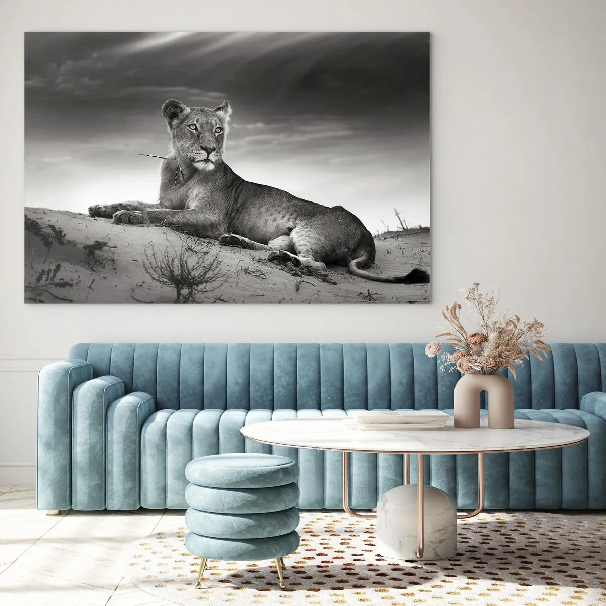 Glass picture - Left lying in the desert in a black and white frame - 70x50cm - Queen of Desert Is Resting - Modern wall decoration for the living room and bedroom ARTTOR