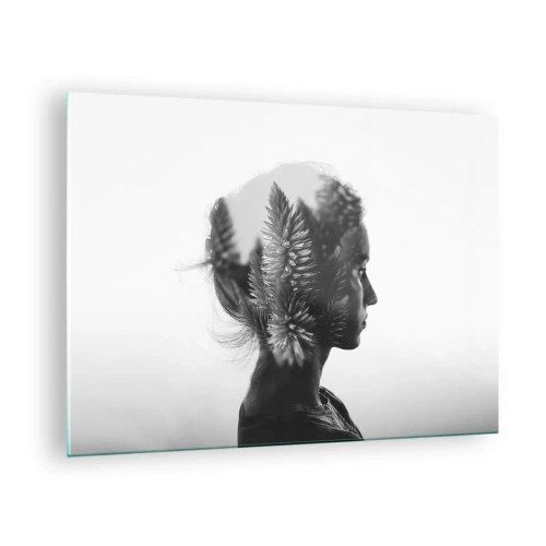 Glass picture - A woman in black and white with a coniferous forest motif superimposed - 70x50cm - Lady from a Pinewood Forest - Modern wall decoration for the living room and bedroom ARTTOR