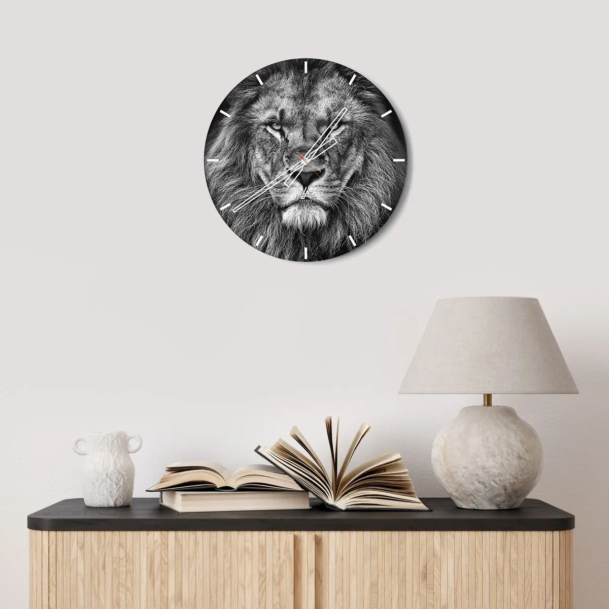 Wall clock - Clock on glass - Black and white portrait of a majestic lion - 30x30cm - In Coronation Clothes - Modern wall decoration for the living room, kitchen, and bedroom ARTTOR