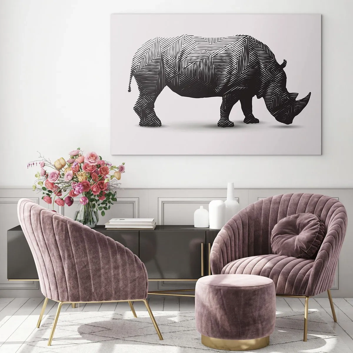 Glass picture - Black and white rhino with geometric patterns - 70x50cm - Geometric Beauty of Nature - Modern wall decoration for the living room and bedroom ARTTOR