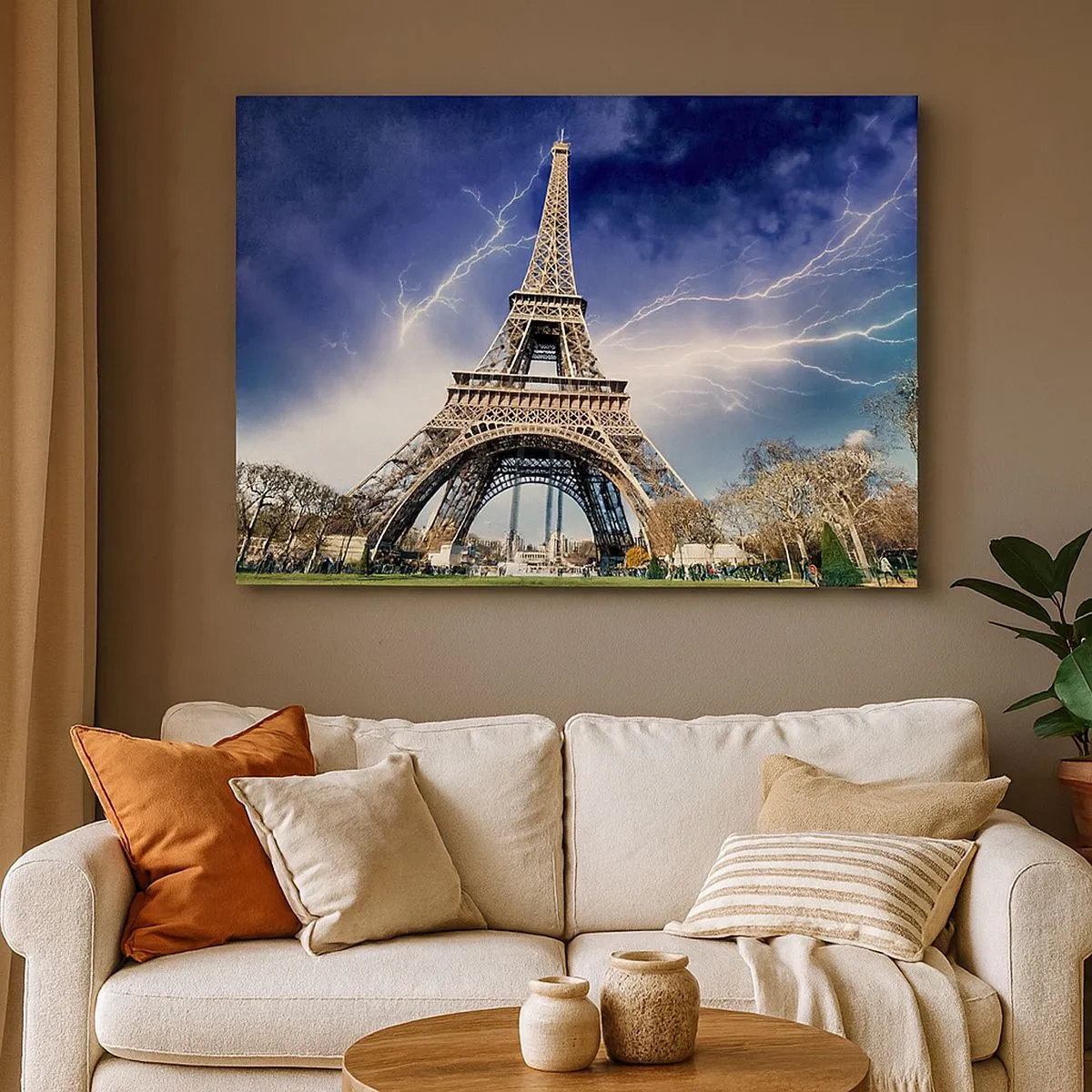Canvas picture - The Eiffel Tower with a stormy sky and lightning in the background - 70x50cm - Queen of the Storms - Modern wall decoration for the living room and bedroom ARTTOR