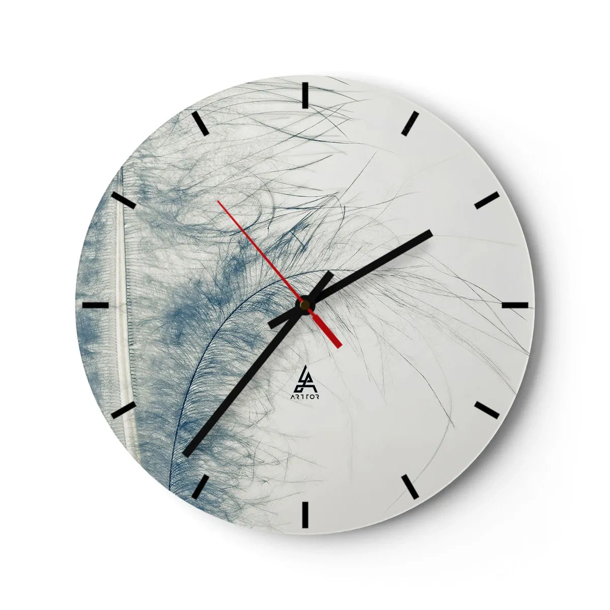 Wall clock - Clock on glass - A delicate blue feather on a light background - 30x30cm - Whisper of Nature - Modern wall decoration for the living room, kitchen, and bedroom ARTTOR