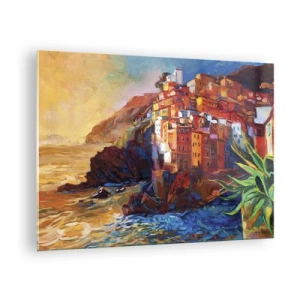 Glass picture - A colorful town on a cliff overlooking the sea - 70x50cm - Italian Vibes - Modern wall decoration for the living room and bedroom ARTTOR