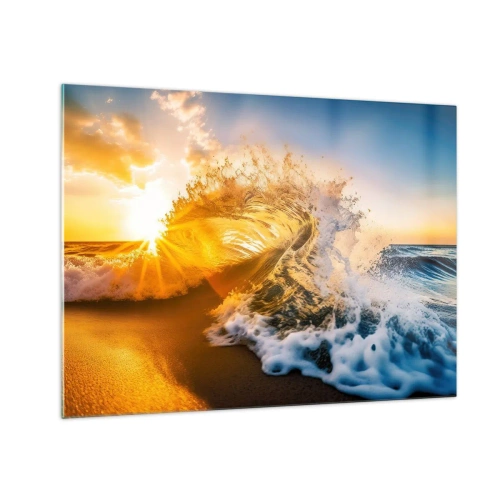Glass picture - A wave crashing against the shore, illuminated by the rays of the setting sun - 70x50cm - Playing with Sand - Modern wall decoration for the living room and bedroom ARTTOR