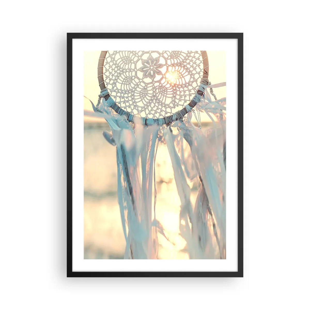 Poster in black frame - A lace dream catcher in the glow of the setting sun, with a light background - 50x70cm - Lace Totem - Modern wall decoration for the living room and bedroom ARTTOR