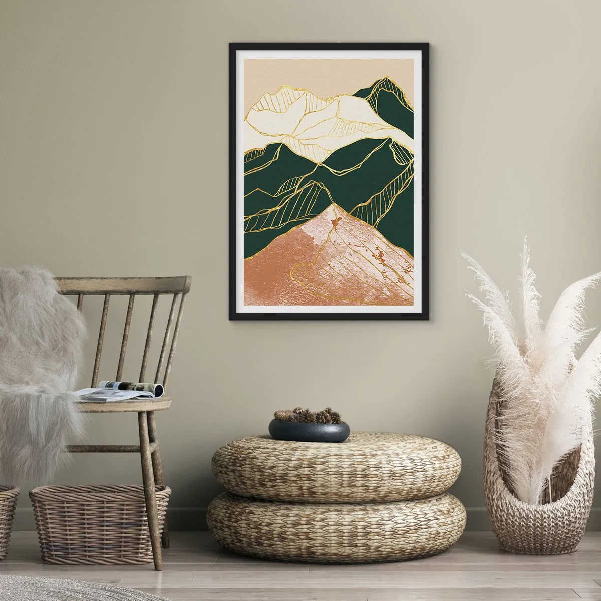 Poster in black frame - Abstract golden lines creating a mountain landscape - 50x70cm - Golden Peaks - Modern wall decoration for the living room and bedroom ARTTOR