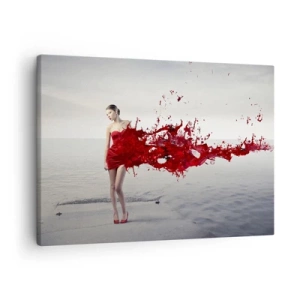 Canvas picture - A woman in a red dress in an artistic composition by the water - 70x50cm - Passionate Like a Scarlet - Modern wall decoration for the living room and bedroom ARTTOR