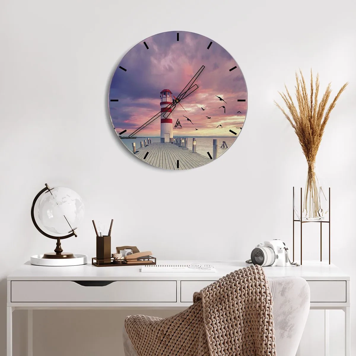 Wall clock - Clock on glass - Lighthouse at sunset over the water - 30x30cm - Time for Port - Modern wall decoration for the living room, kitchen, and bedroom ARTTOR