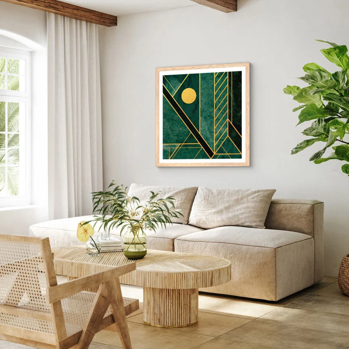 Poster in light oak frame - Dynamics of Gold and Azure - 60x60 cm