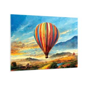 Glass picture - A colorful balloon floating over a mountain landscape - 70x50cm - More Can Be Seen in Silence - Modern wall decoration for the living room and bedroom ARTTOR