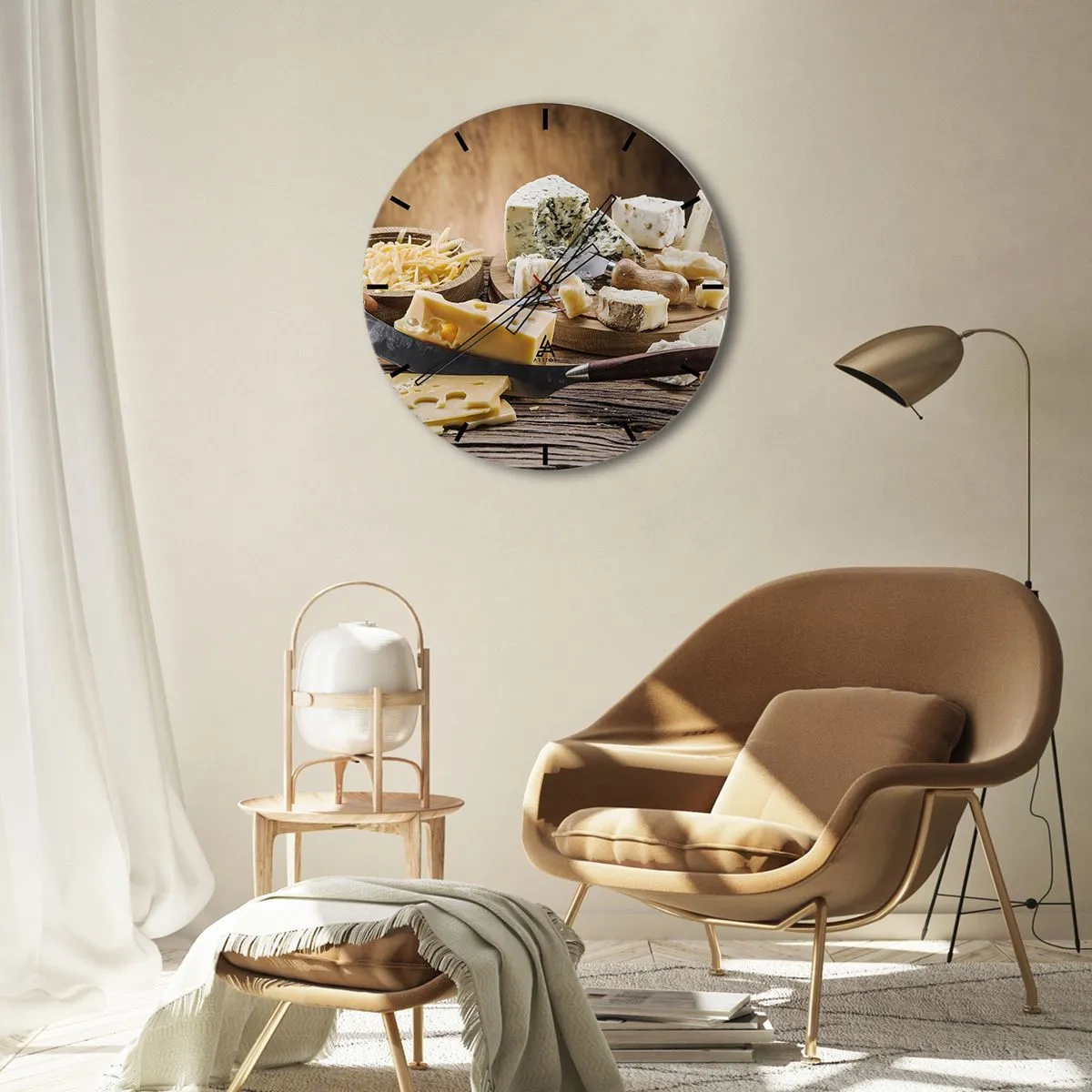 Wall clock - Clock on glass - A cheese board with various varieties on a wooden background - 30x30cm - Say Cheese! - Modern wall decoration for the living room, kitchen, and bedroom ARTTOR