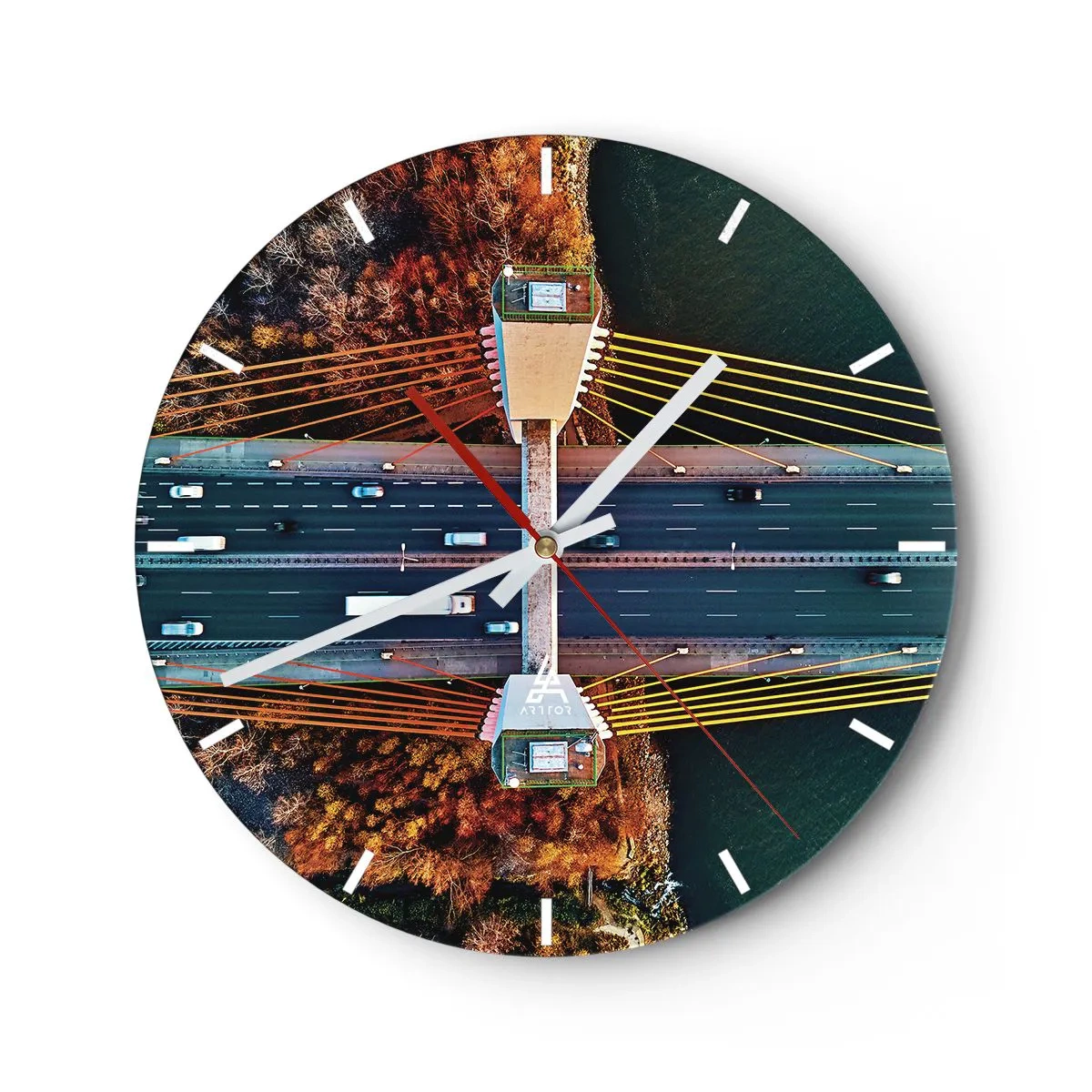 Wall clock - Clock on glass - Aerial view of a rope bridge over a river in autumn scenery - 30x30cm - Behind Seas and Oceans - Modern wall decoration for the living room, kitchen, and bedroom ARTTOR