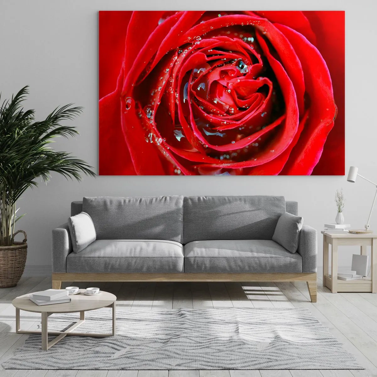 Glass picture - Close-up of a red rose with dew drops - 70x50cm - In Dew Drops - Modern wall decoration for the living room and bedroom ARTTOR